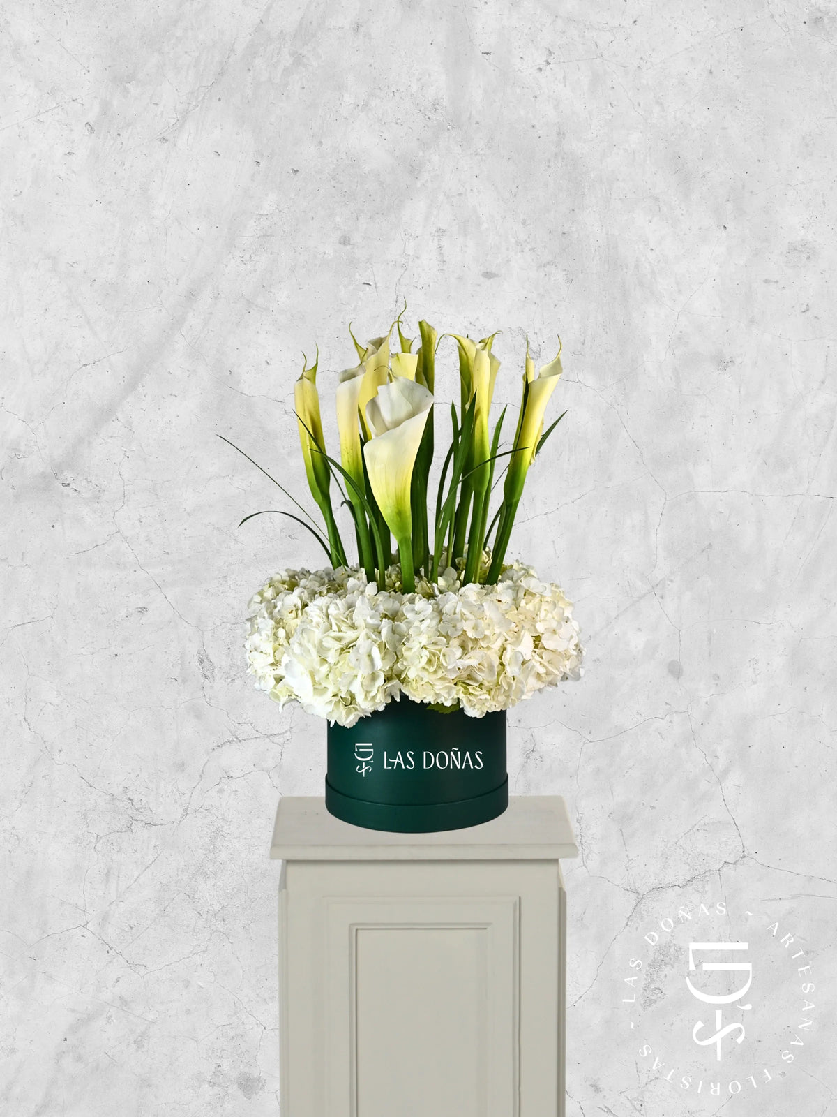 Hortensias y Cartuchos arreglo de condolencias con 12 calas y hortensias