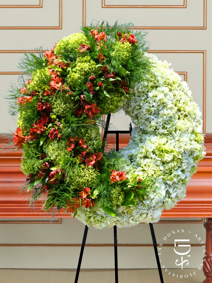 Corona Condolencias Eterno Consuelo Rojo arreglo de condolencias con Astromelias rojas