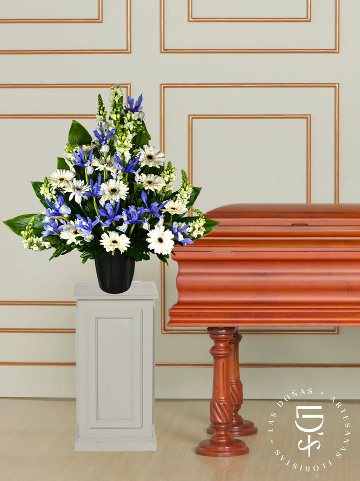 Gerberas e Iris en Base de Cerámica arreglo de condolencias con 12 gerberas blancas