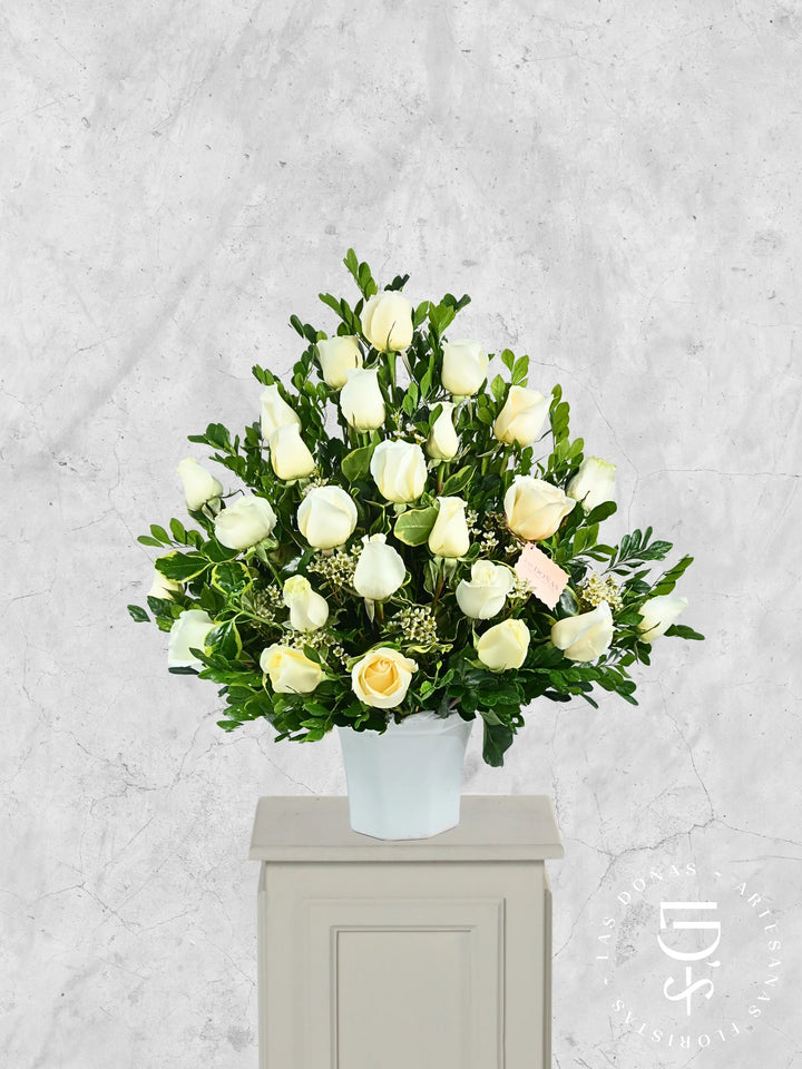 24 Rosas Blancas en Base de Cerámica arreglo de condolencias con 24 rosas blancas