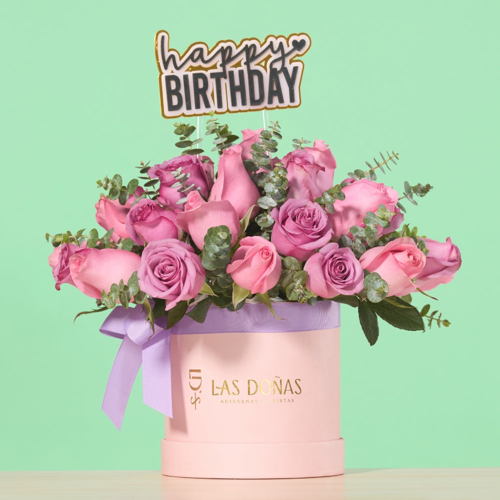 Box de Rosas Lilas y Rosadas