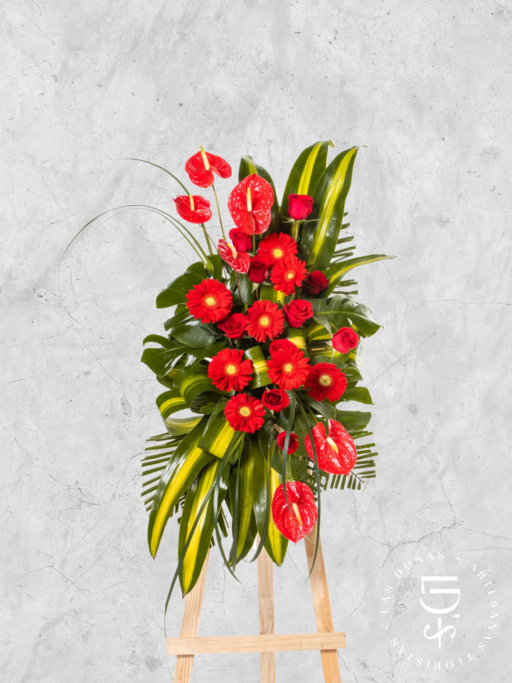 Lágrima de Condolencias de Rosas Rojas y Anturios arreglo de condolencias con 12 rosas rojas