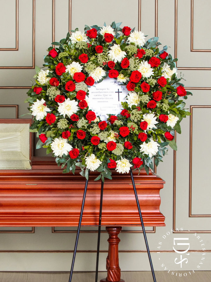 Corona Circular de Dalia con Rosas Rojas arreglo de condolencias con 48 rosas rojas