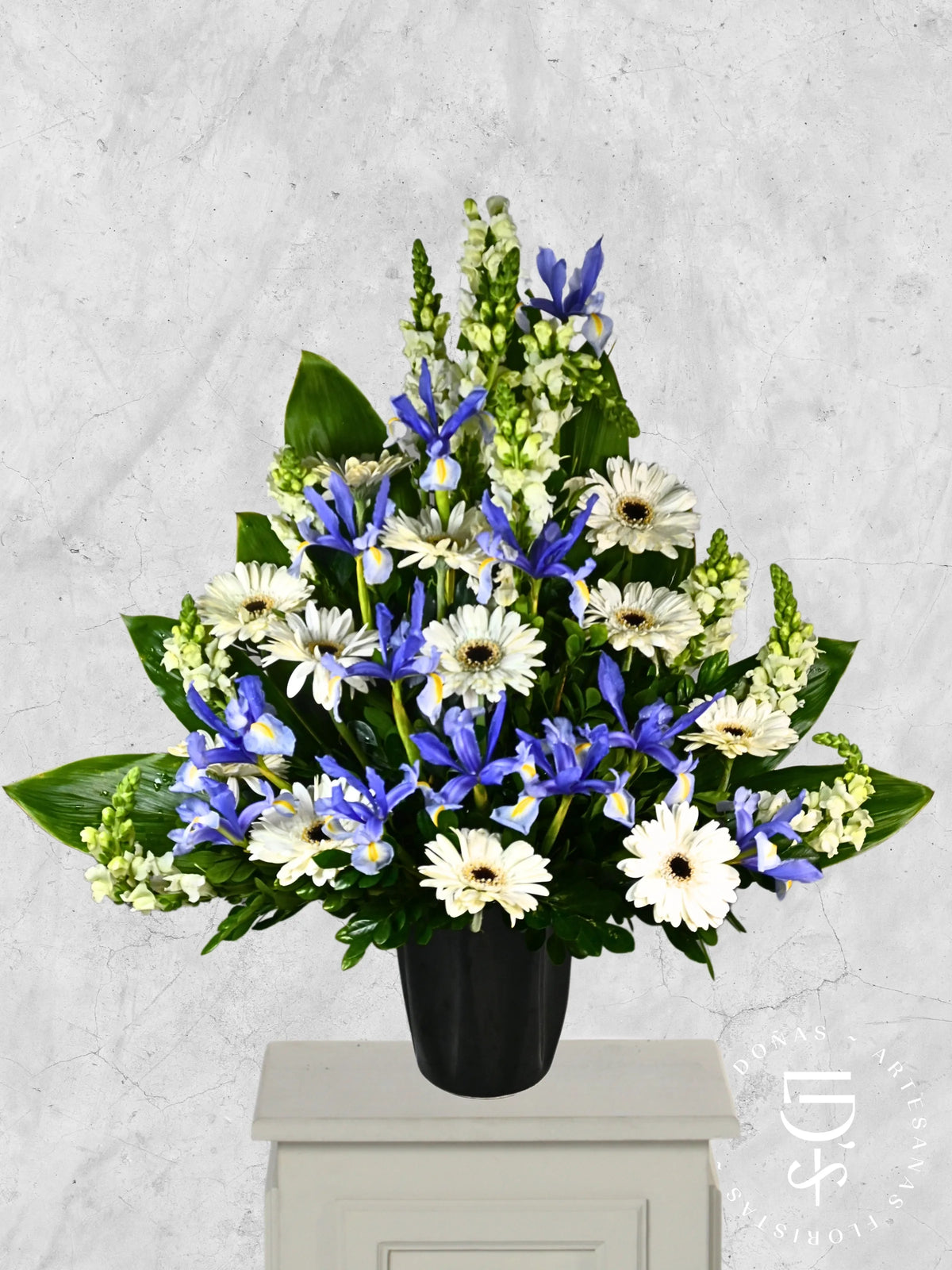 Gerberas e Iris en Base de Cerámica arreglo de condolencias con 12 gerberas blancas