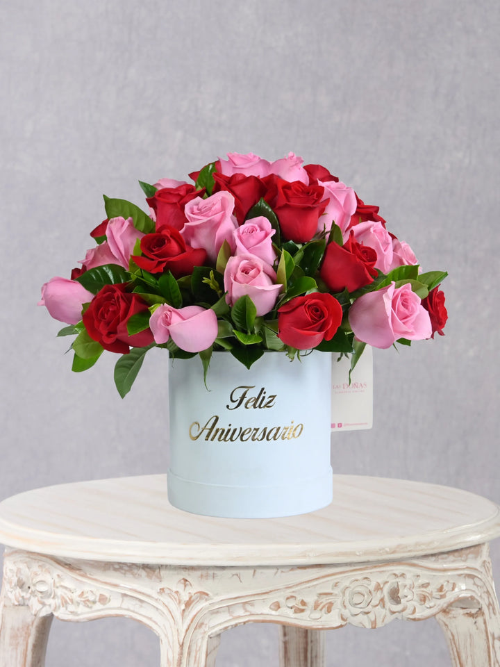 Box Aniversario box floral con 24 rosas rojas y rosadas