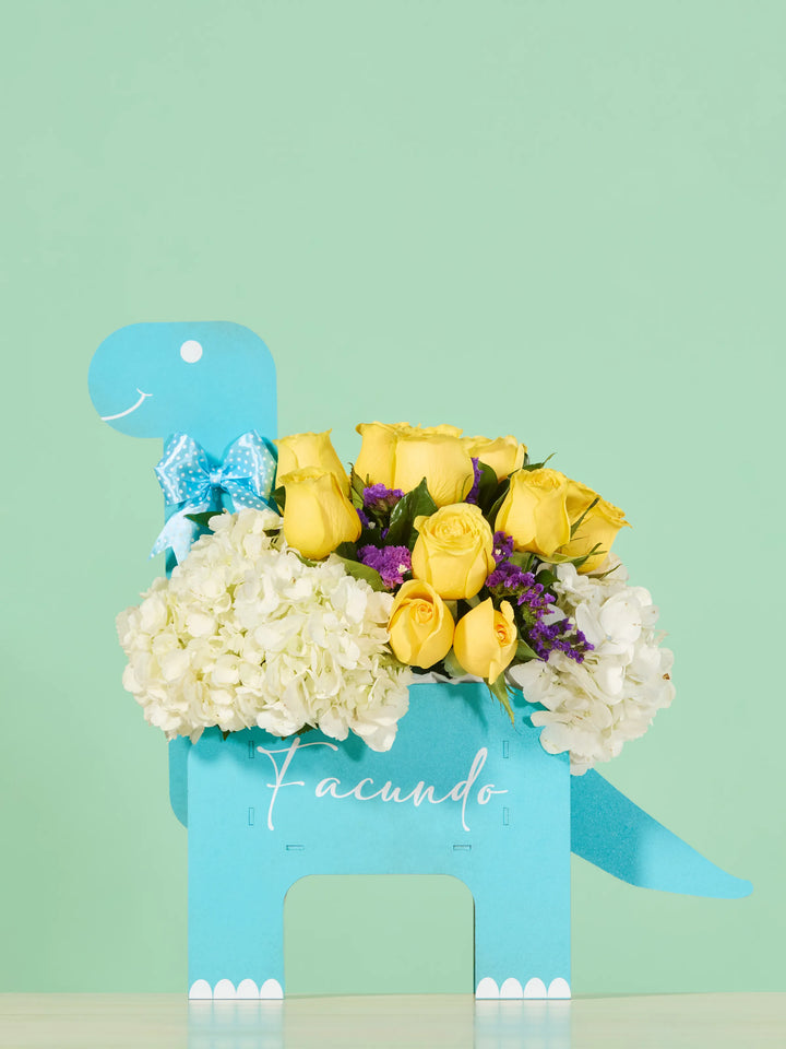 Dino Baby Boy arreglo floral con 24 rosas amarillas