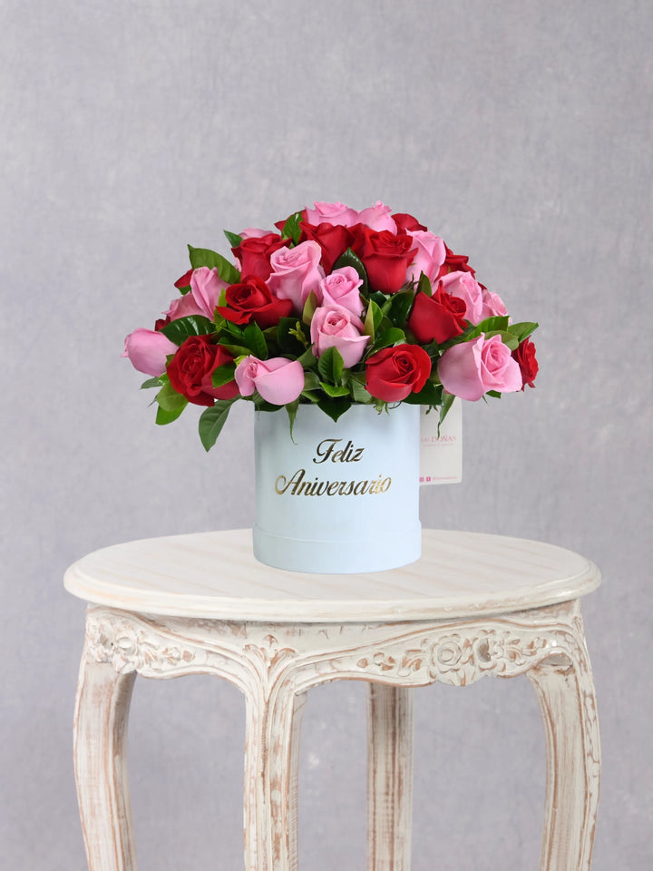 Box Aniversario box floral con 24 rosas rojas y rosadas