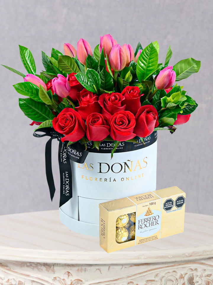 Box Judith box floral con 24 rosas rojas + 10 tulipanes