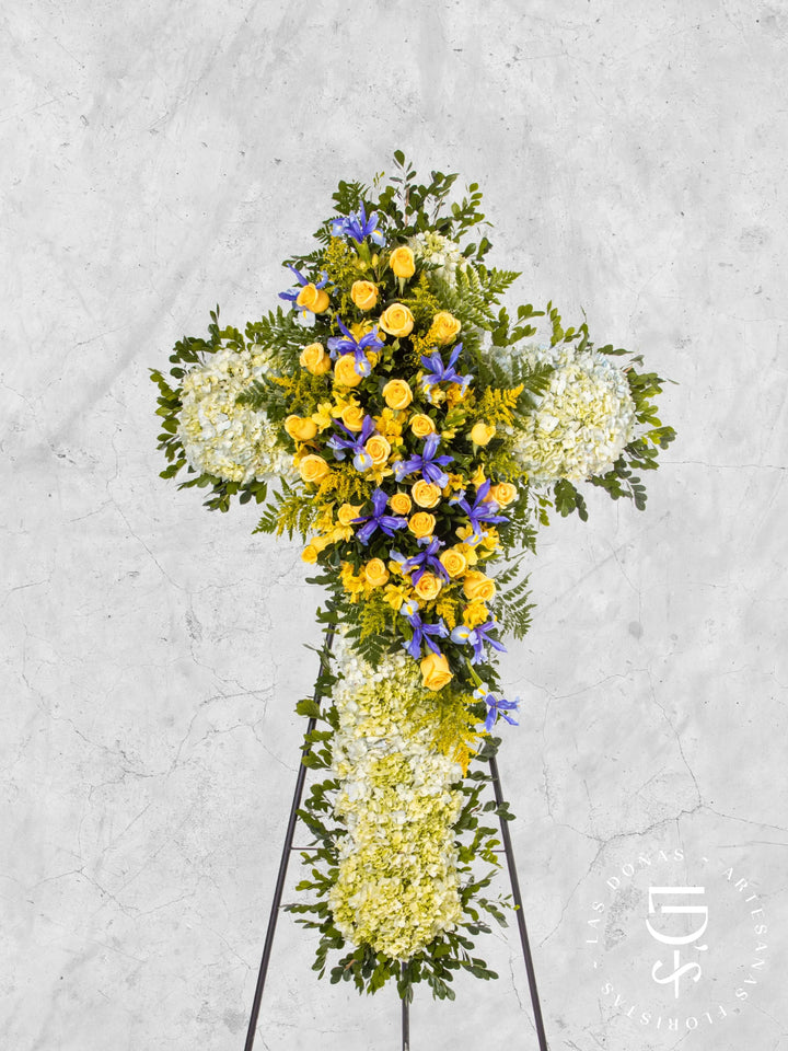 Cruz de Condolencias de Rosas Amarillas y Iris arreglo de condolencias con 24 rosas amarillas