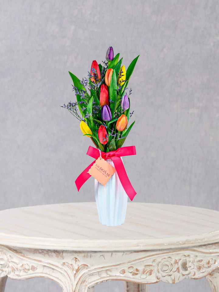 Florero De 10 Tulipanes De Colores