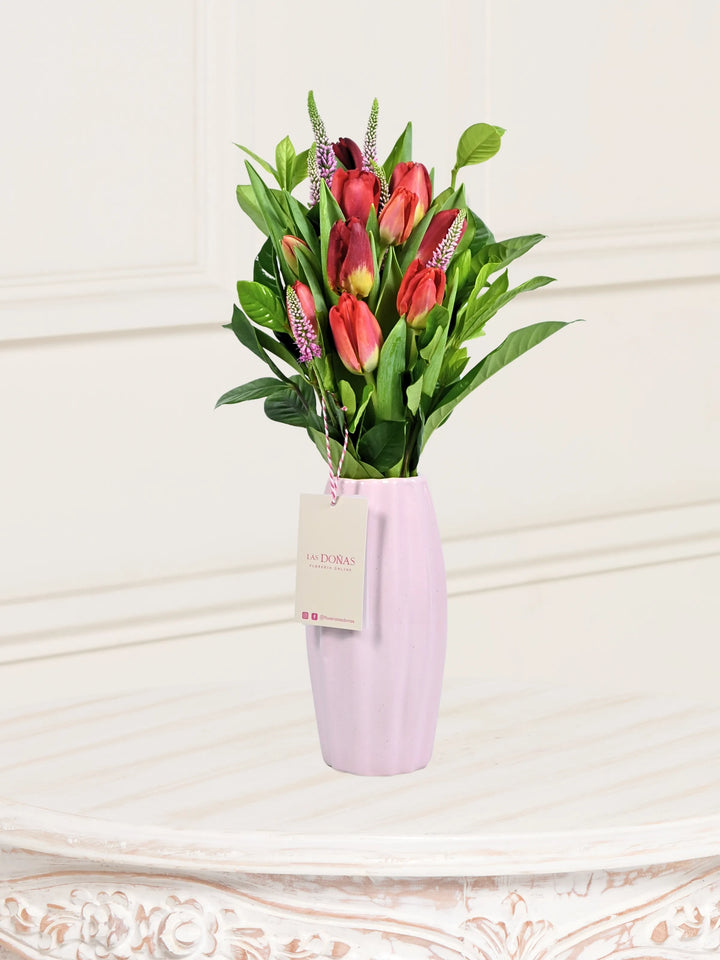Florero Rosado De 10 Tulipanes